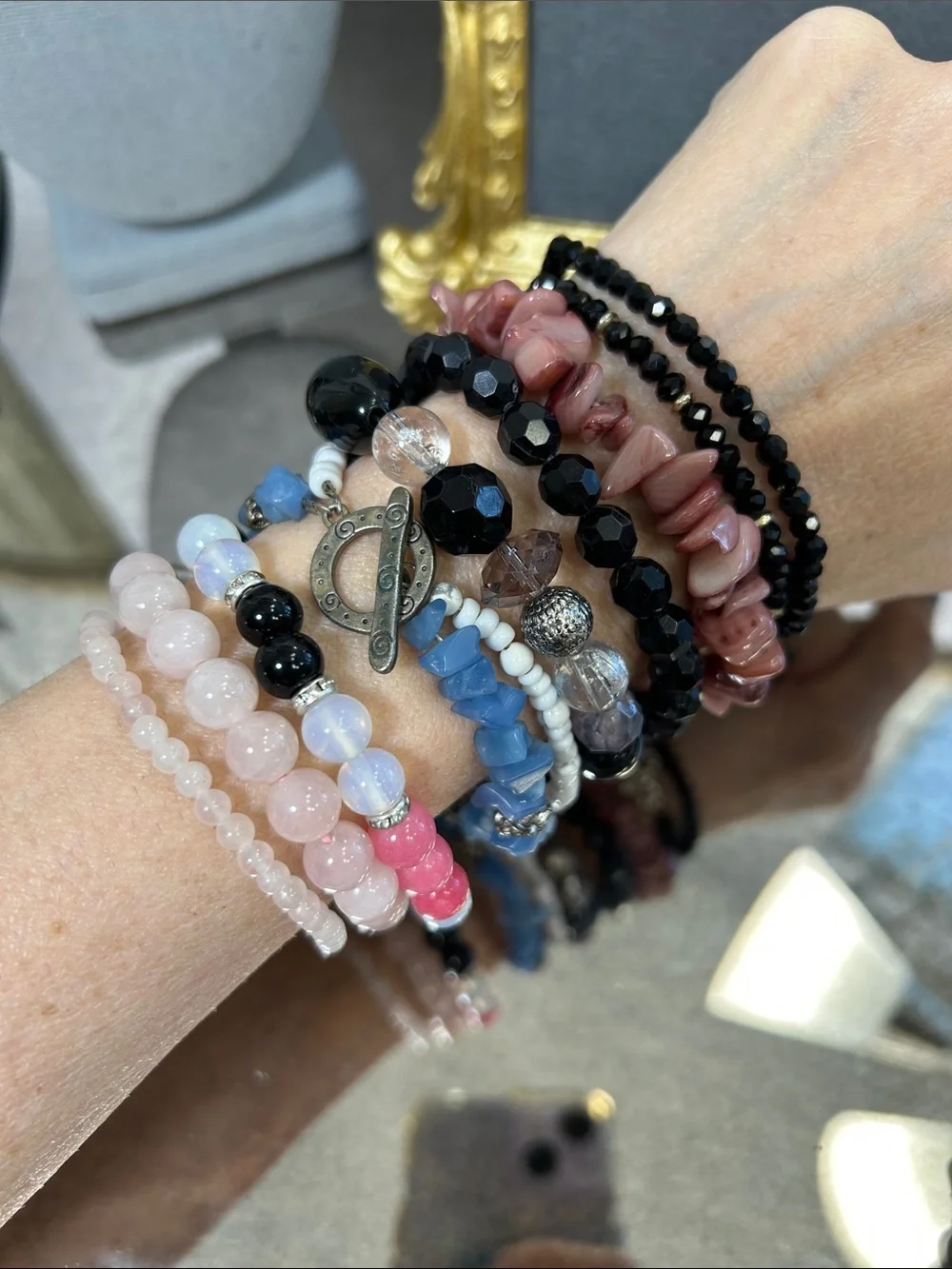 Bundle of Stackable Pink, Black & Blue Beaded Bracelet Set - Women Jewelry